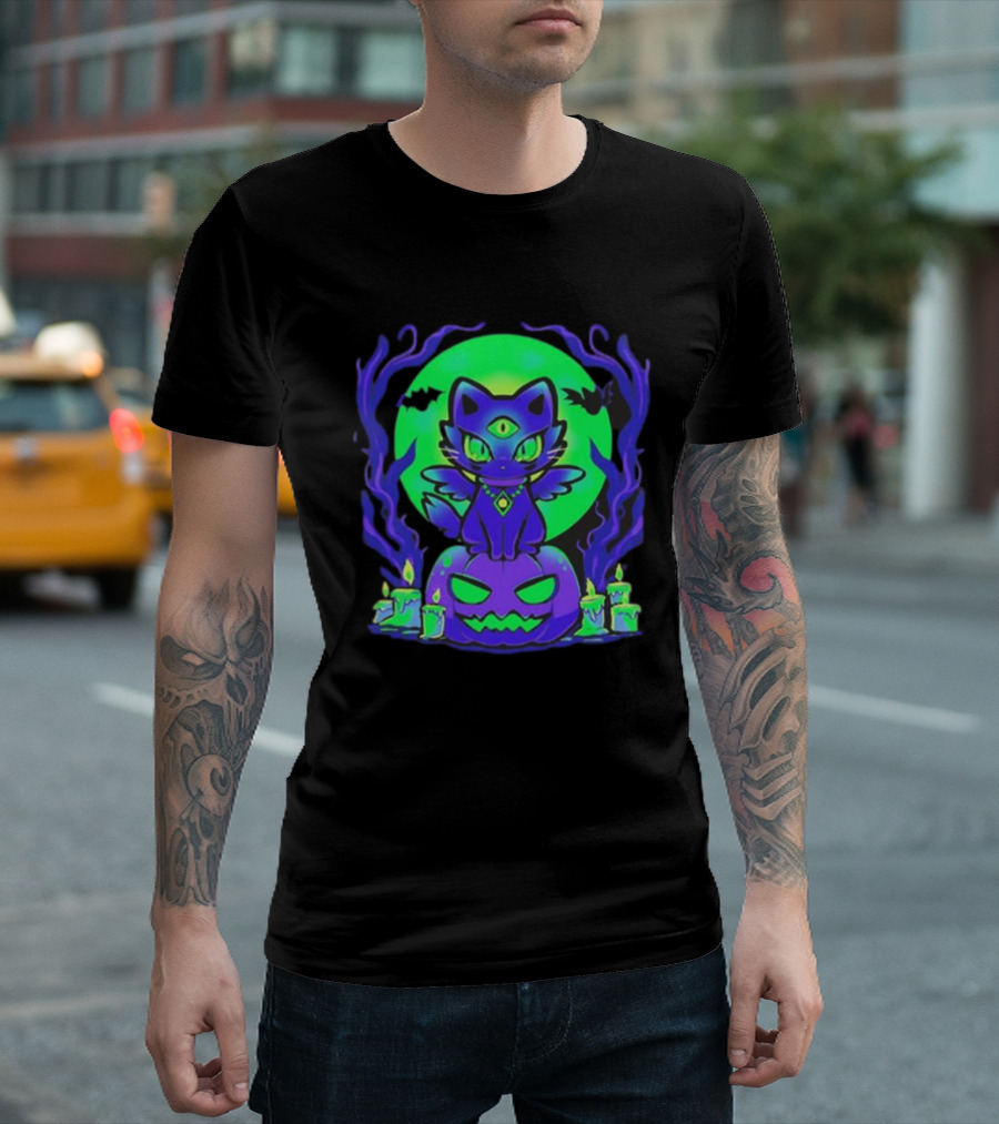 Spooky Moonlit Cat with Glowing Pumpkins and Bats T-Shirt