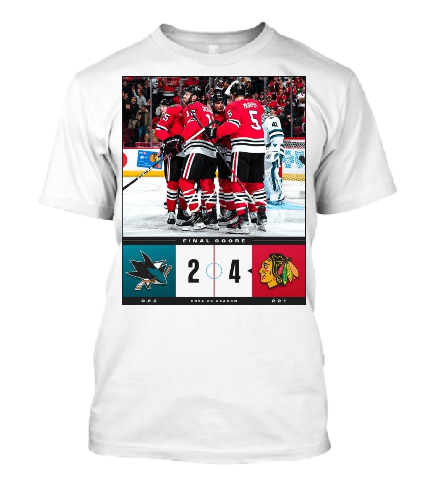 Final Score 2024-25 Season NHL San Jose Sharks 2 4 Chicago Blackhawks T-Shirt