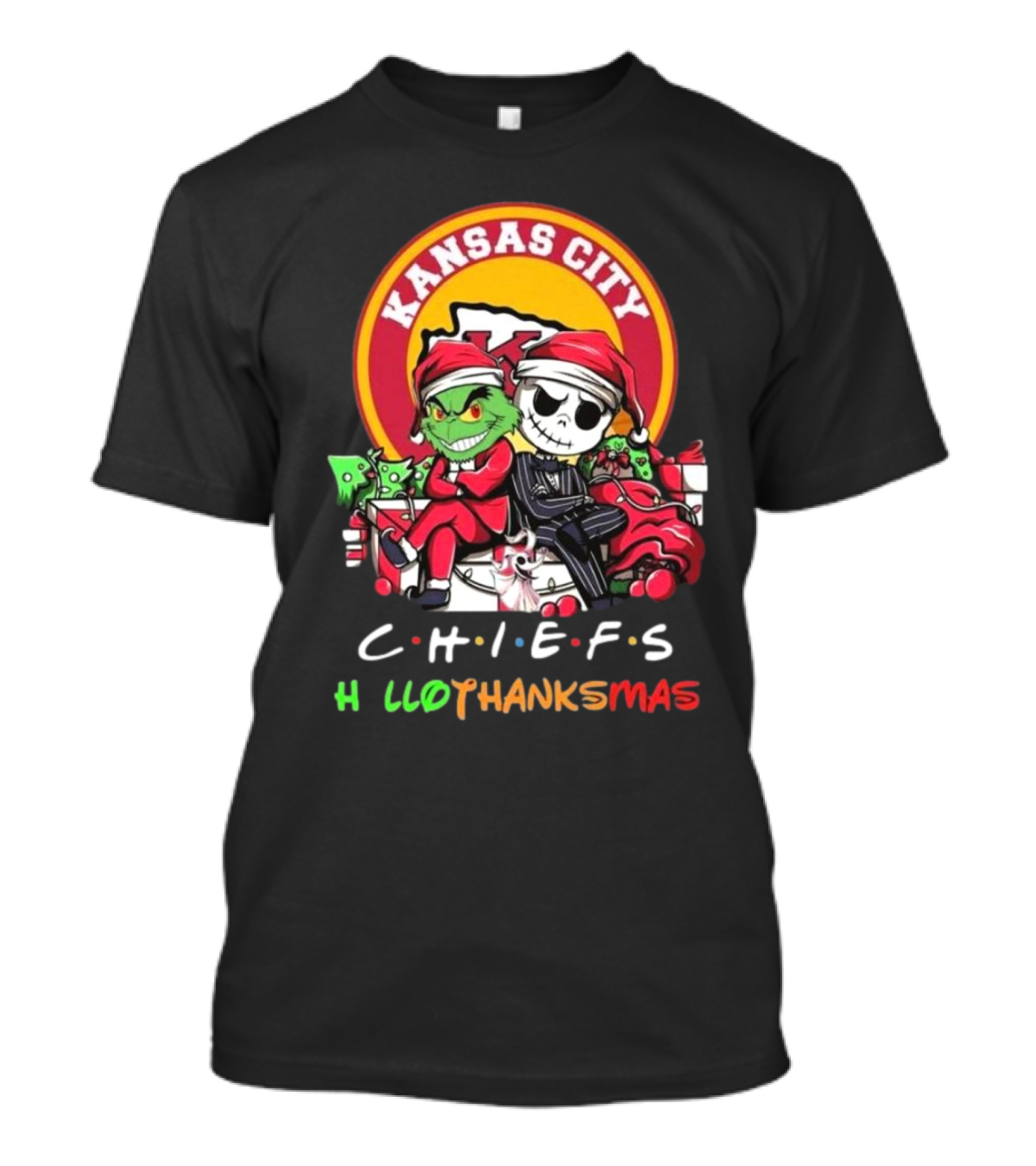 Grinch And Jack Skellington Kansas City Chiefs C.H.I.E.F.S Halloween Thanks Christmas T-Shirt