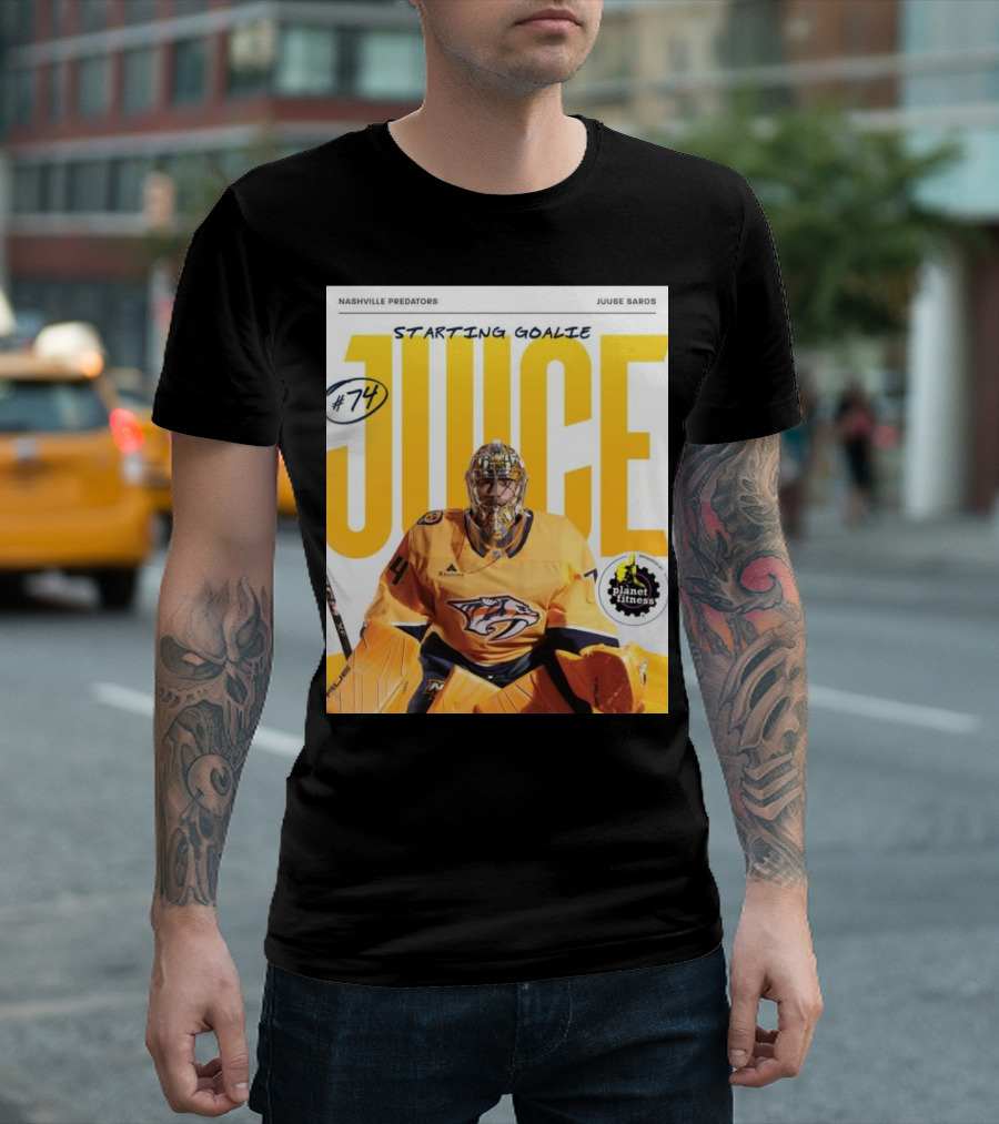 Nashville Predators Juuse Saros #74 Juice Starting Goalie Planet Fitness T-Shirt