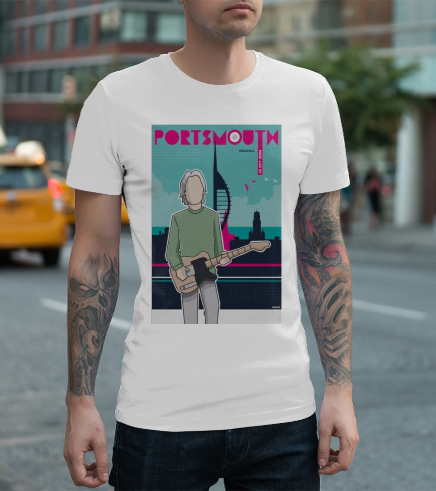 Paul Weller Live At Portsmouth Guildhall Oct 18 2024 Poster Art With Guitar And Cityscape T-Shirt