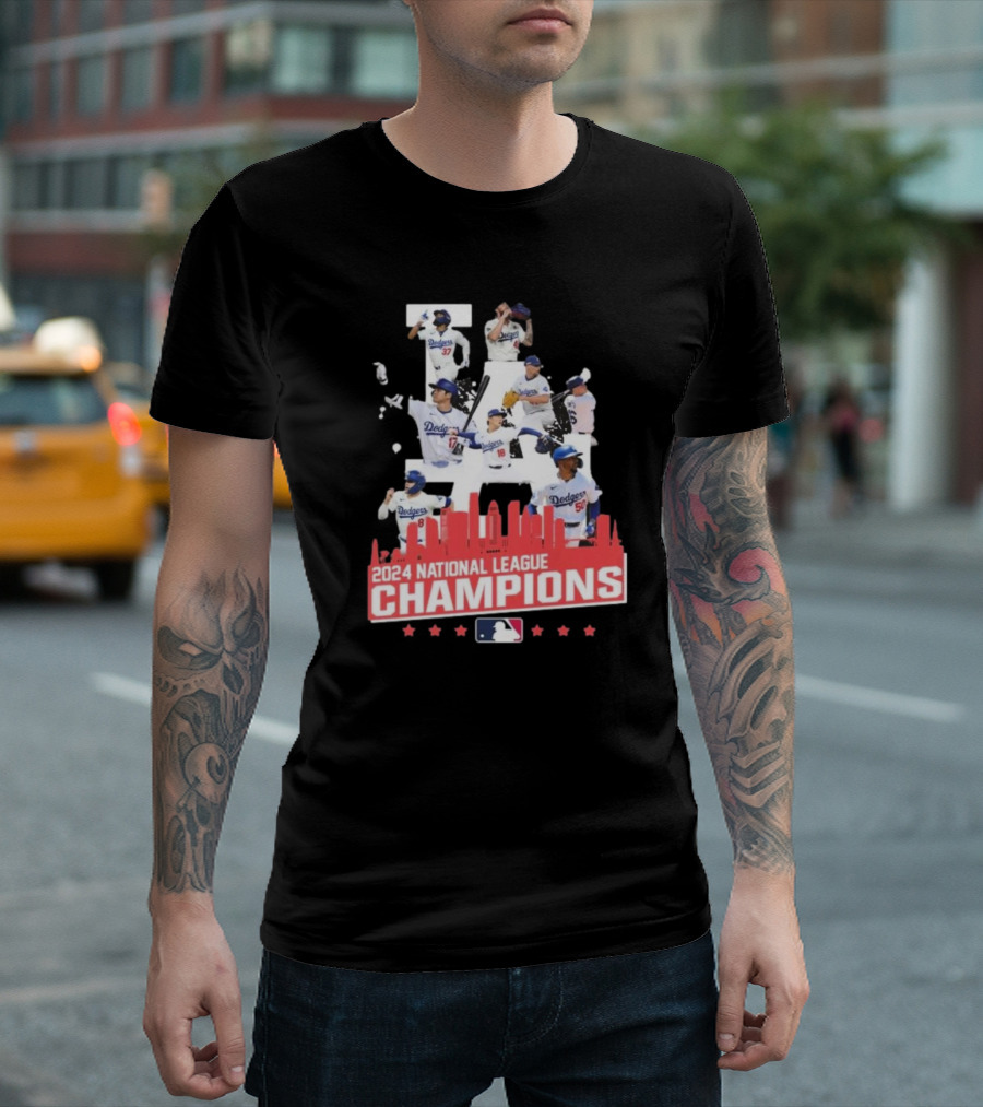 Los Angeles Dodgers 2024 National League Champions Team Celebration Skyline T-Shirt