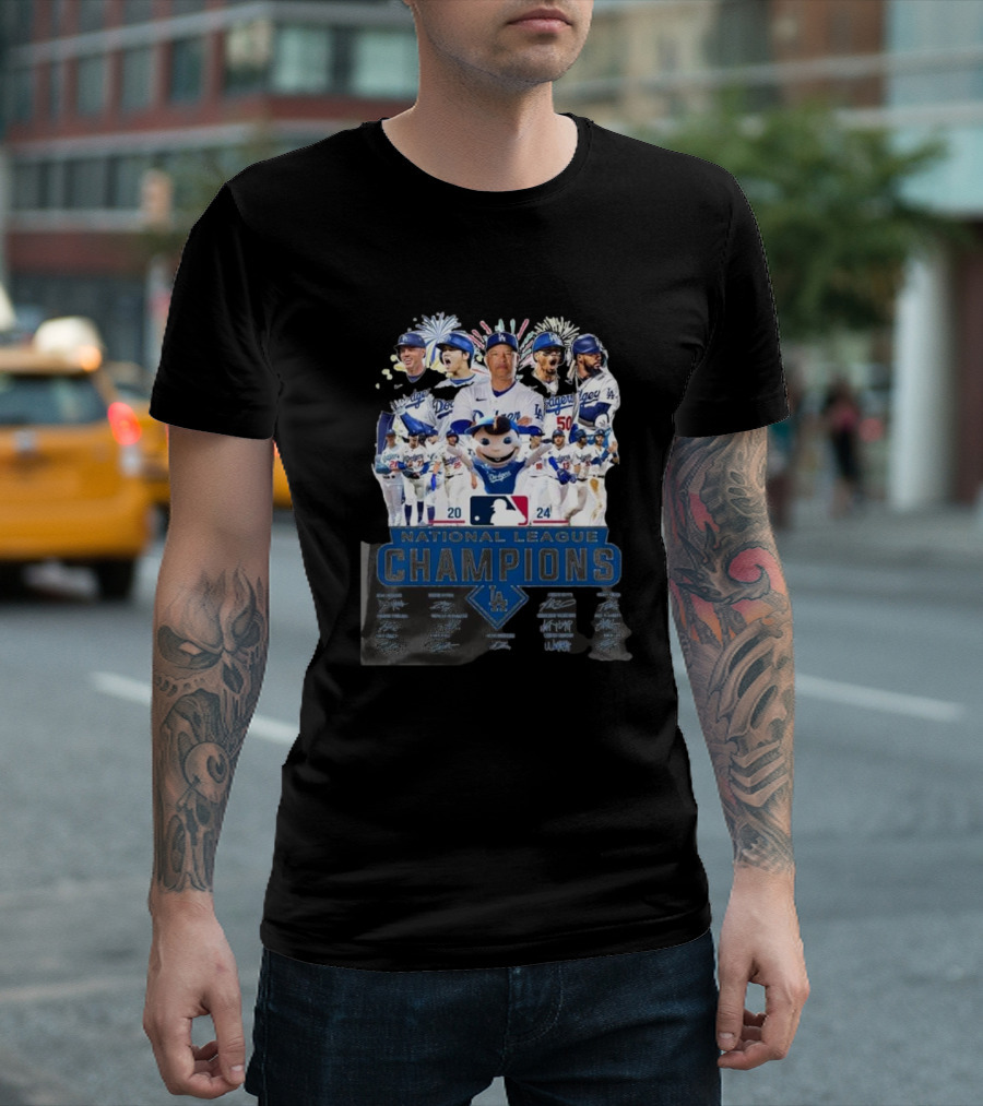 Los Angeles Dodgers 2024 National League Champions Fireworks Celebration Signatures T-Shirt