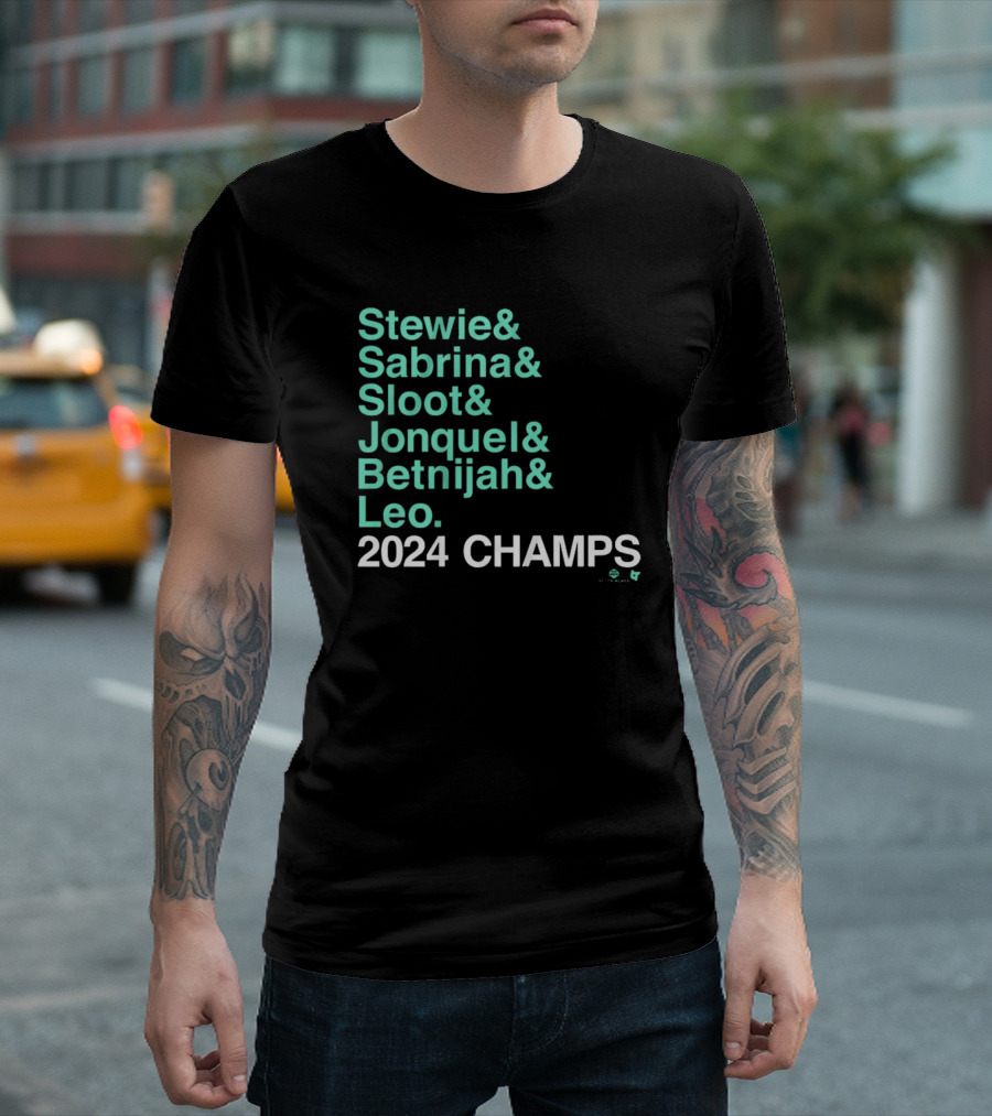 Stewie and Sabrina and Sloot and Jonquel and Betnijah and Leo 2024 Champs New York Liberty Basketball Ampersand T-Shirt