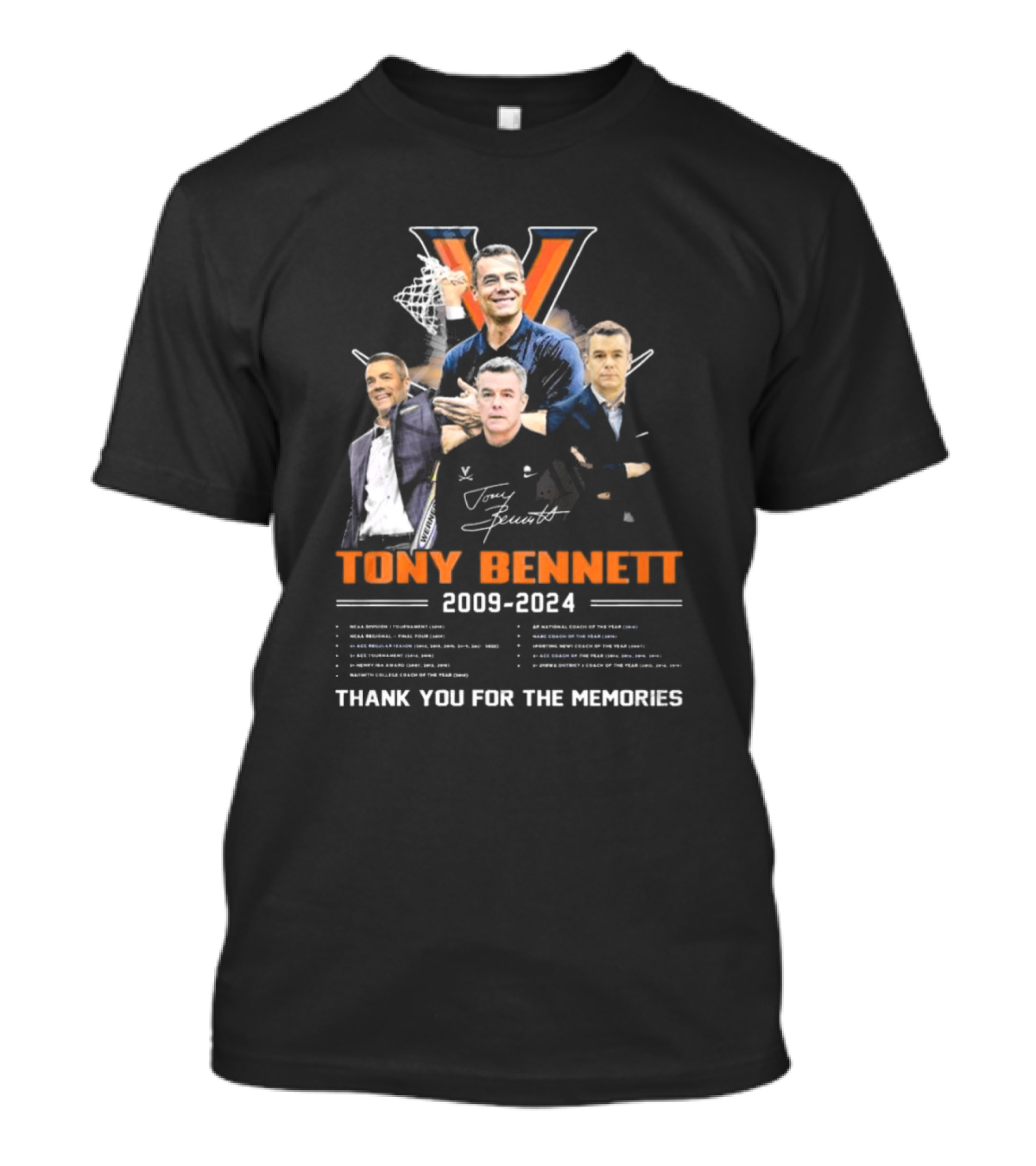 Tony Bennett 2009-2024 Thank You For The Memories Signature Virginia Basketball Coach T-Shirt