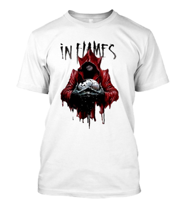 In Flames Siren Charms Red Hooded Figure Holding Cracked Mask T-Shirt