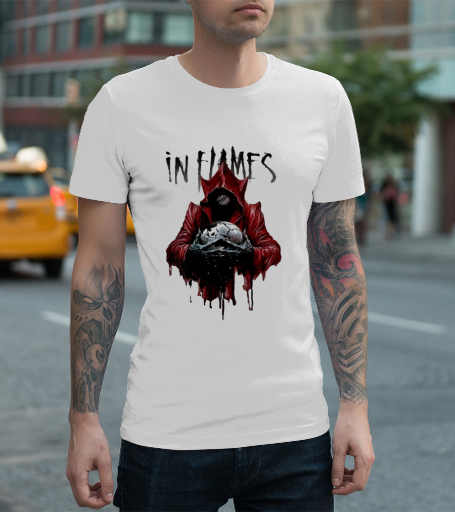 In Flames Siren Charms Red Hooded Figure Holding Cracked Mask T-Shirt