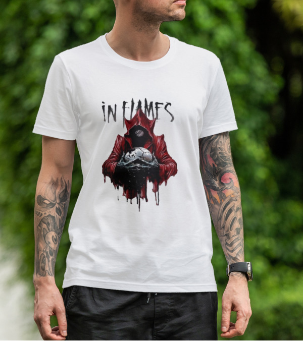 In Flames Siren Charms Red Hooded Figure Holding Cracked Mask T-Shirt