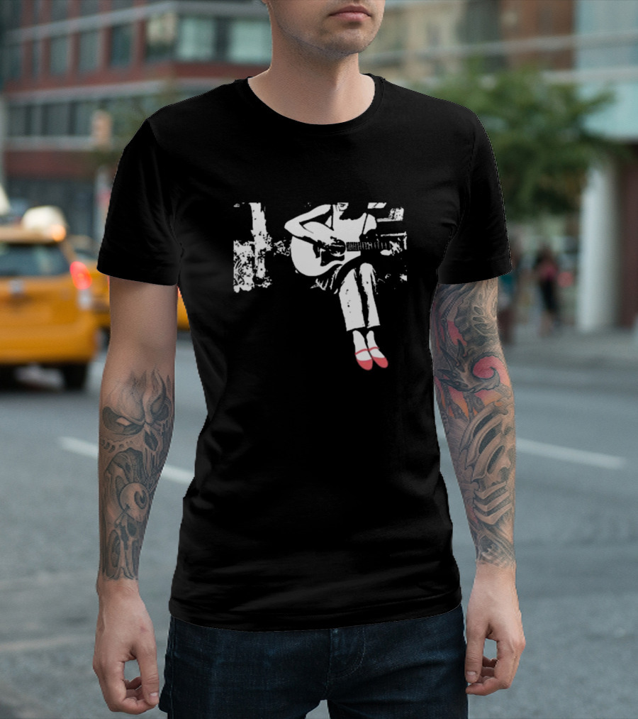 Devon Gabriella Playing Acoustic Guitar Black And White Contrast Red Shoes T-Shirt