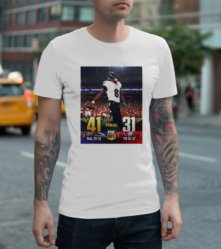 Baltimore Ravens 41 Final 31 Tampa Bay Buccaneers NFL Football Game Summary Ravens 5-2 Bucs 4-3 T-Shirt