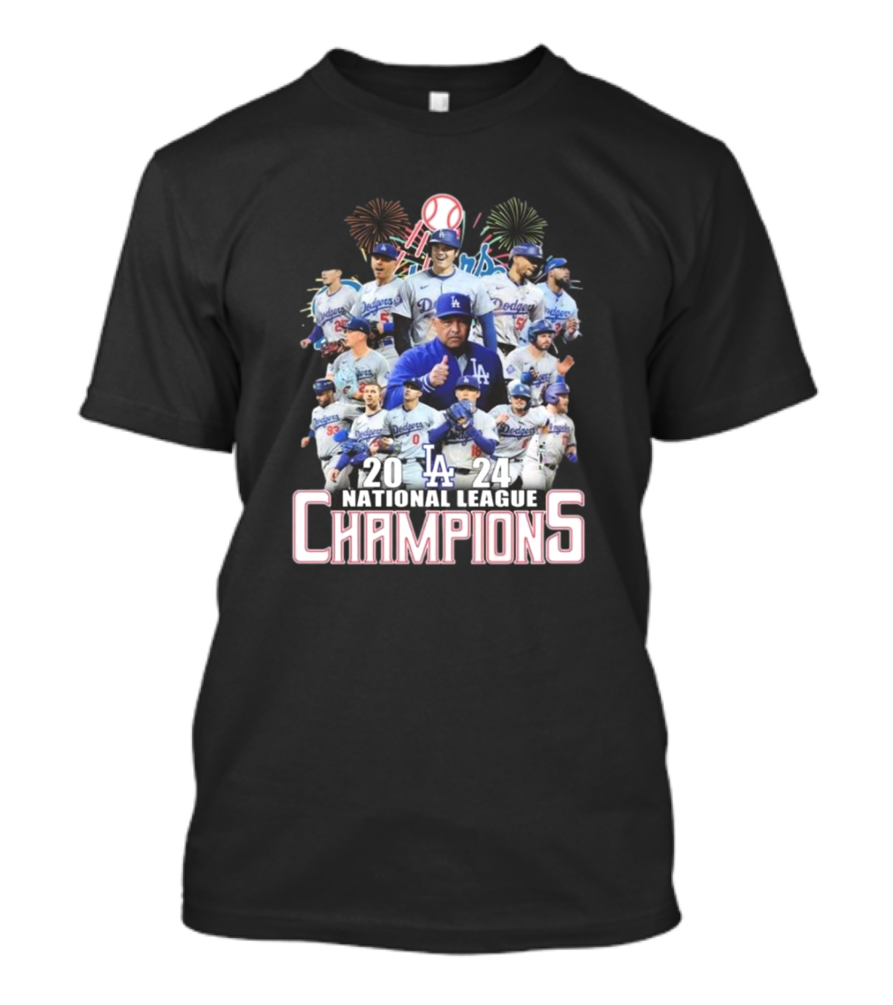 Los Angeles Dodgers 2024 National League Champions Celebration Fireworks Baseball T-Shirt