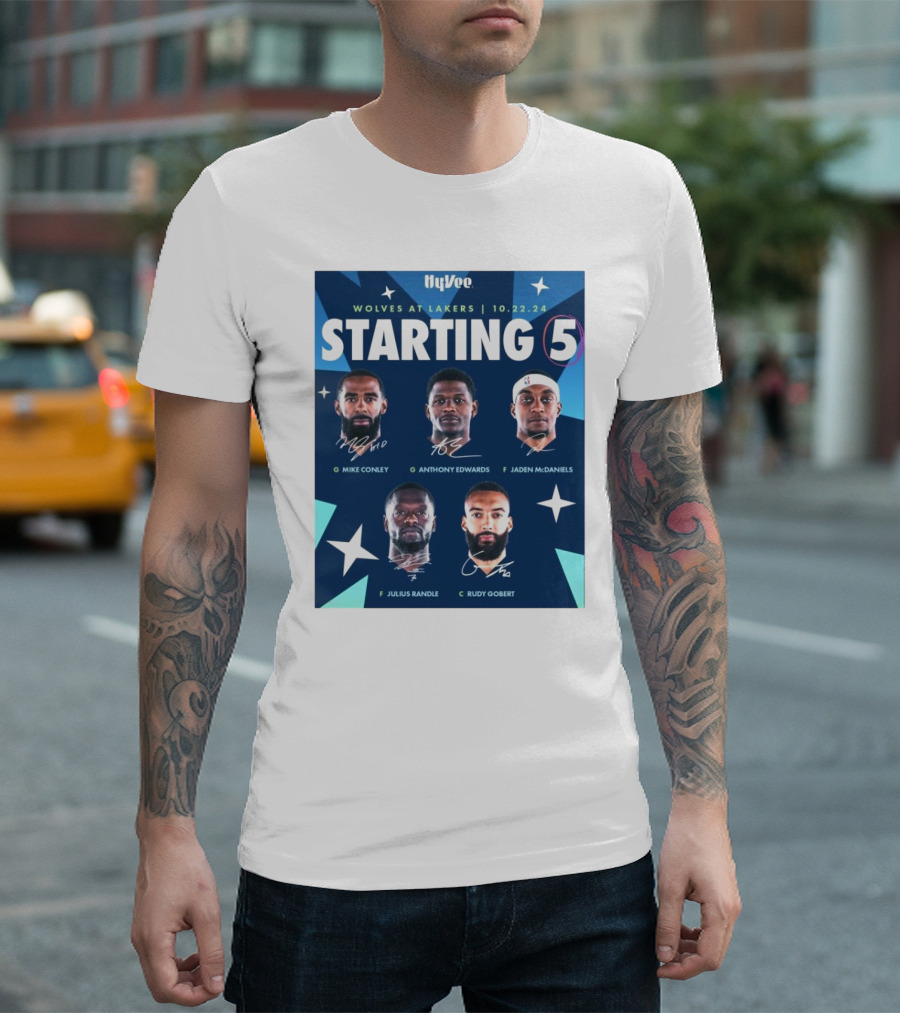 Wolves at Lakers 10.22.24 Starting Five Mike Conley Anthony Edwards Jaden McDaniels Julius Randle Rudy Gobert T-Shirt