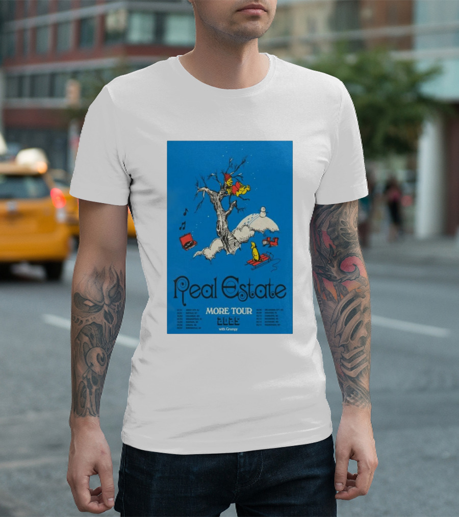 Real Estate More Tour 2025 With Grumpy Winter Scene Music Red Sled Snowman T-Shirt