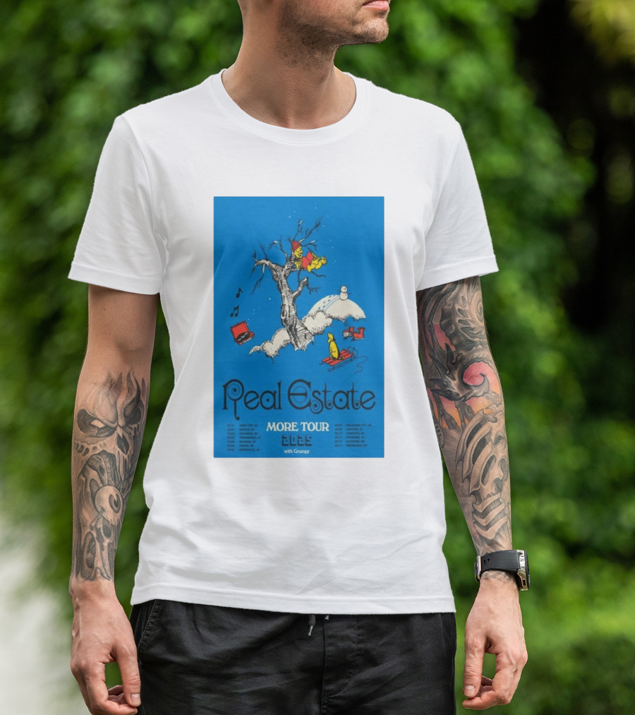 Real Estate More Tour 2025 With Grumpy Winter Scene Music Red Sled Snowman T-Shirt