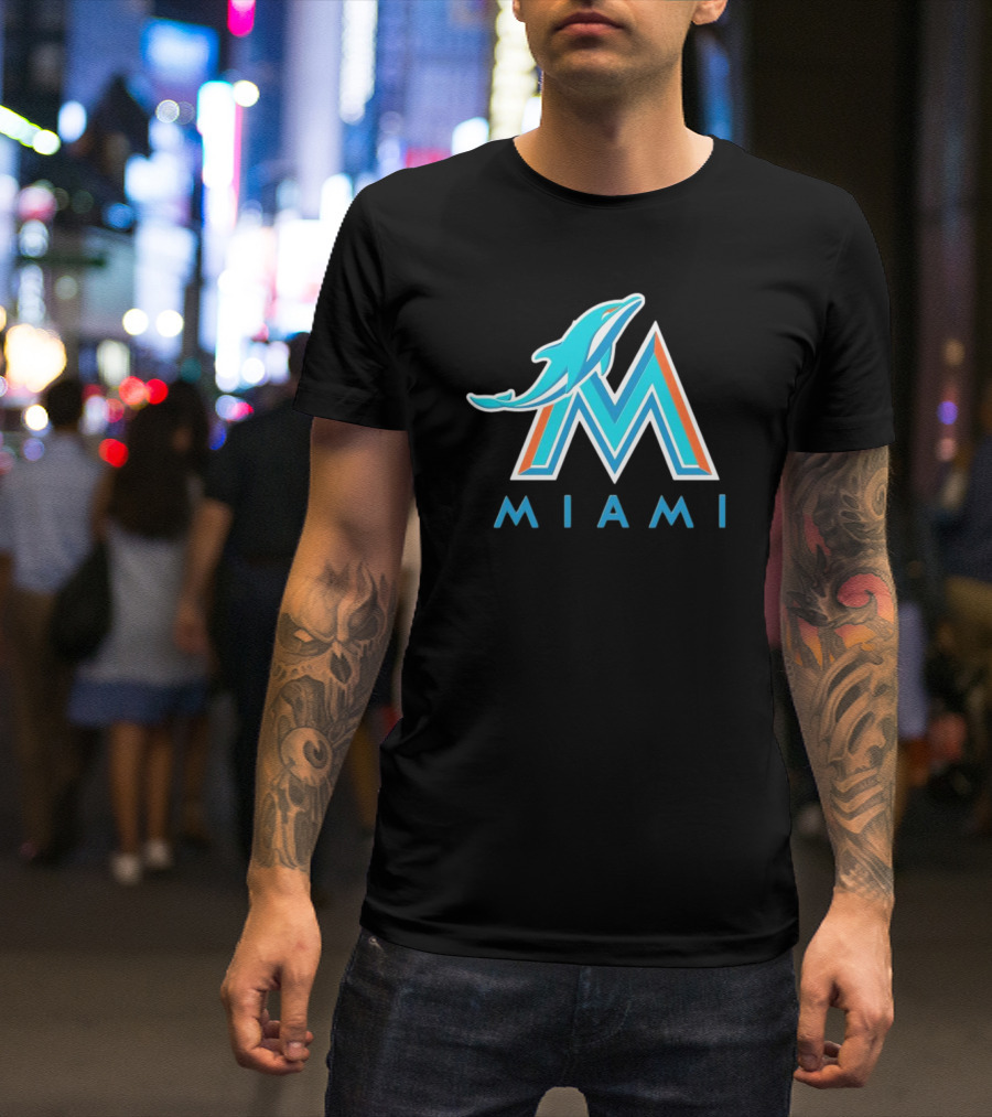 NFL X MLB Miami Dolphins X Miami Marlins M Logo Mashup Miami T-Shirt