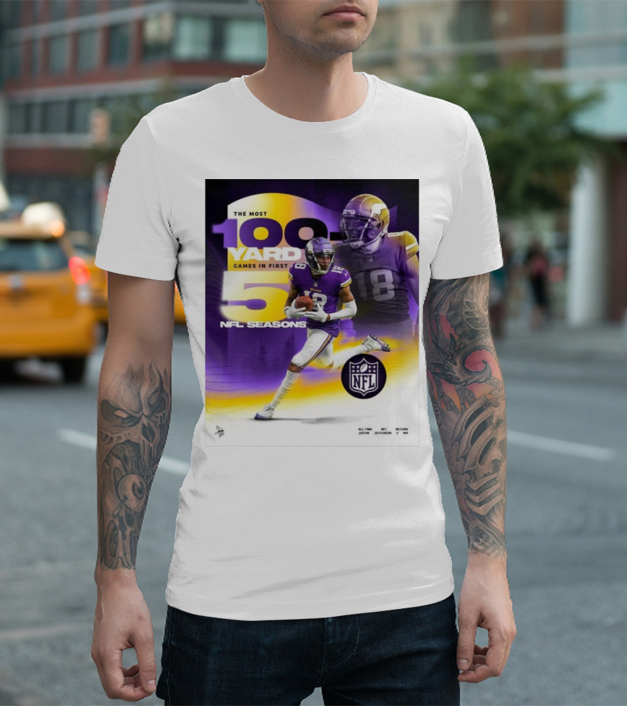 The Most 100 Yard Games in First 5 NFL Seasons Minnesota Vikings Justin Jefferson T-Shirt