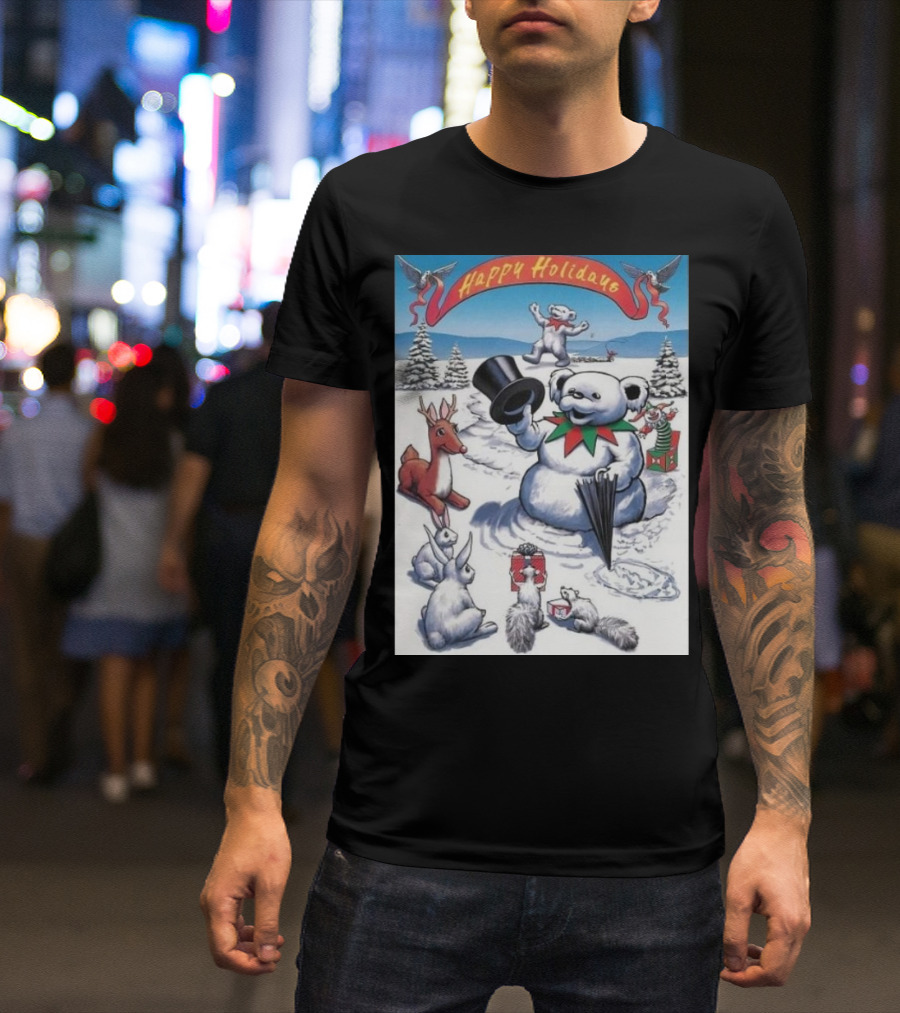 Grateful Dead Happy Holidays Snowman Bear With Animals And Snowy Landscape T-Shirt