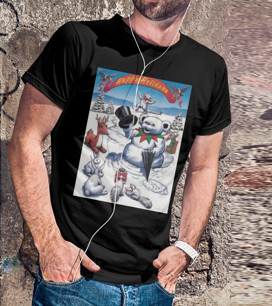 Grateful Dead Happy Holidays Snowman Bear With Animals And Snowy Landscape T-Shirt