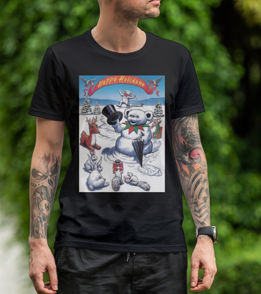 Grateful Dead Happy Holidays Snowman Bear With Animals And Snowy Landscape T-Shirt
