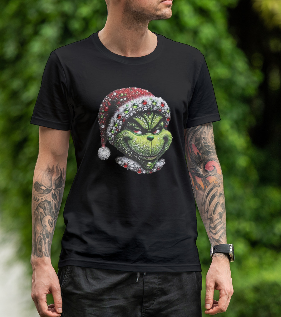 Grinch 2024 The Creepy Smile For Christmas Sparkling Santa Hat Gemstone T-Shirt