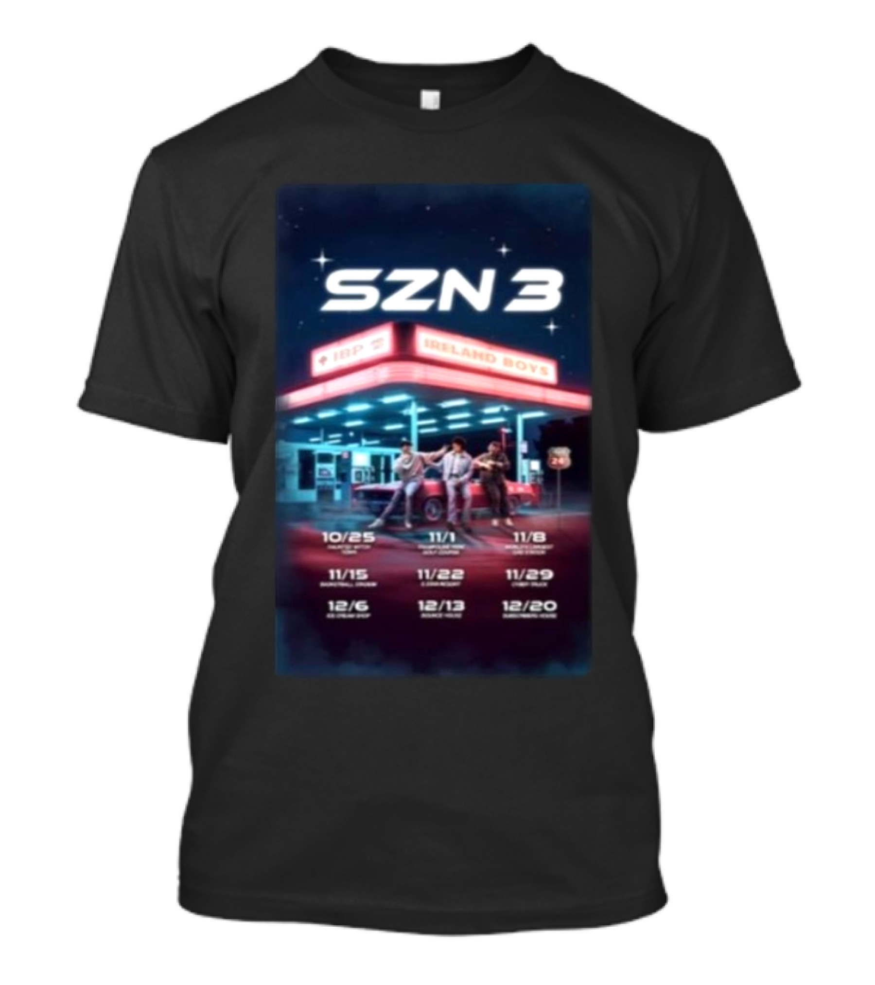 SZN 3 Ireland Boys Tour Dates With Retro Gas Station Scene T-Shirt