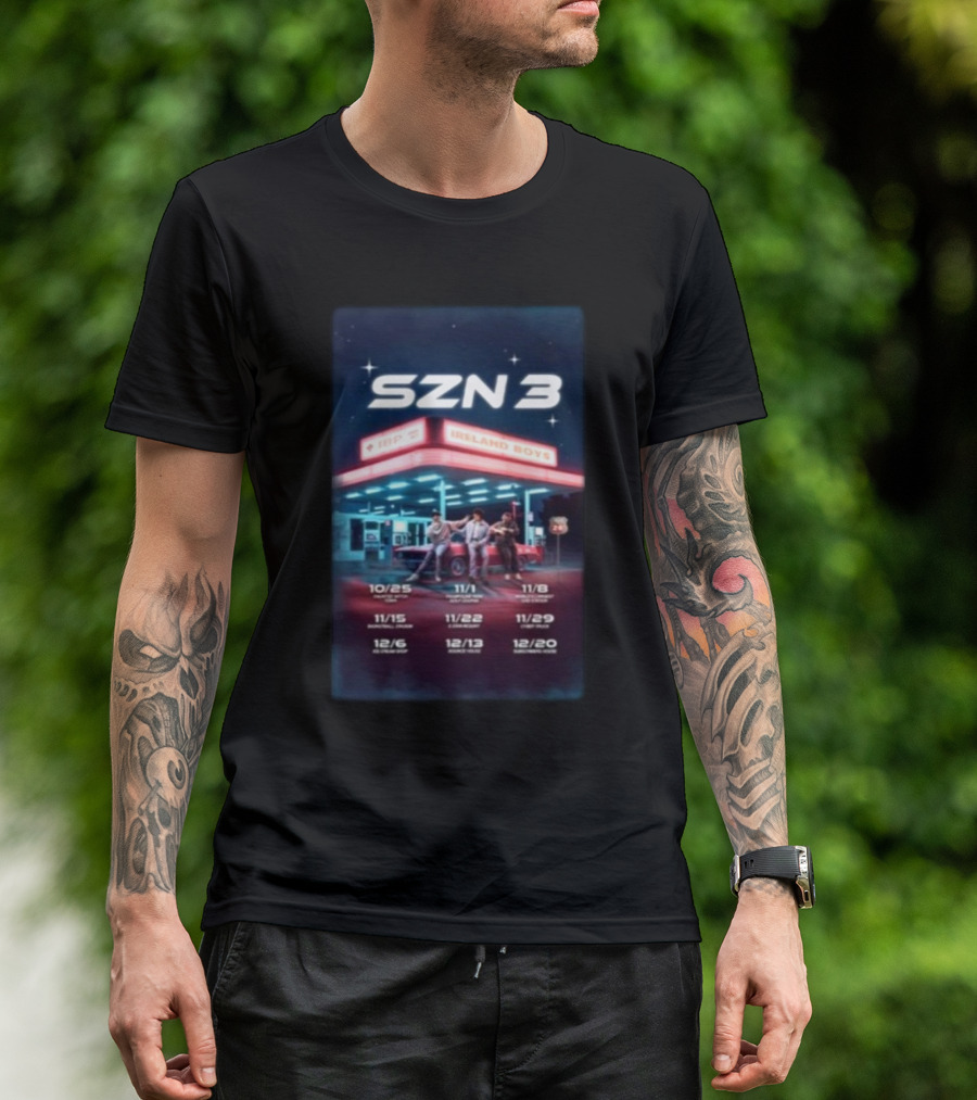 SZN 3 Ireland Boys Tour Dates With Retro Gas Station Scene T-Shirt