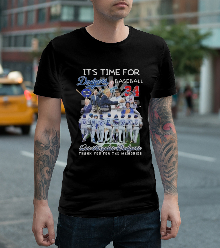 Los Angeles Dodgers It's Time For Baseball Thank You For The Memories Vin Scully 34 Signatures T-Shirt