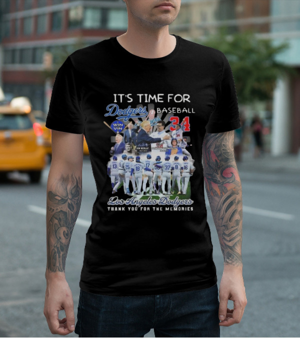 Los Angeles Dodgers It's Time For Baseball Thank You For The Memories Vin Scully 34 Signatures T-Shirt