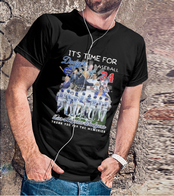 Los Angeles Dodgers It's Time For Baseball Thank You For The Memories Vin Scully 34 Signatures T-Shirt