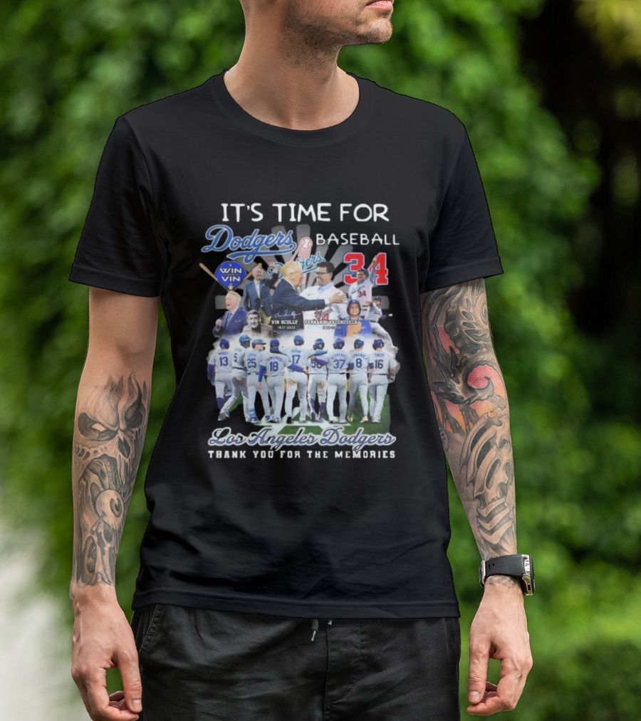 Los Angeles Dodgers It's Time For Baseball Thank You For The Memories Vin Scully 34 Signatures T-Shirt