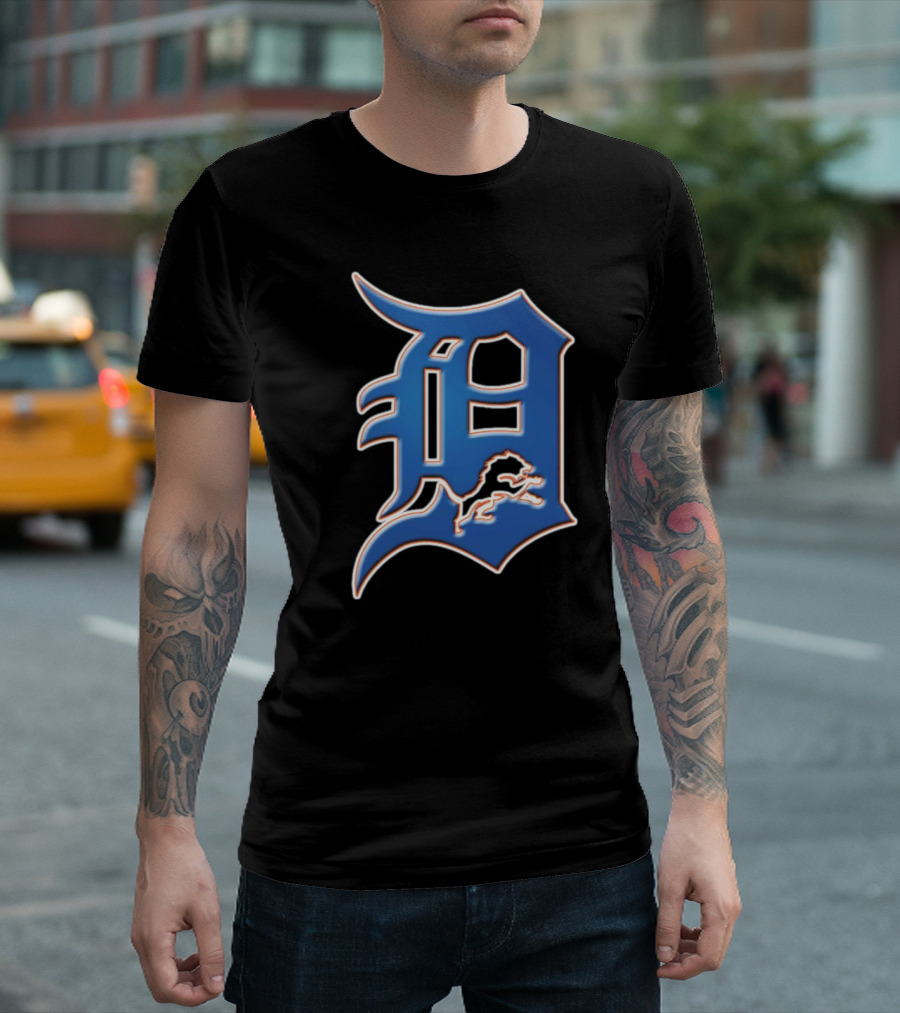 Detroit Lions Tigers Logo Mashup NFL MLB Blue D T-Shirt