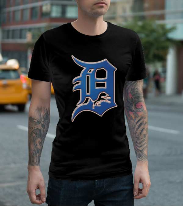 Detroit Lions Tigers Logo Mashup NFL MLB Blue D T-Shirt