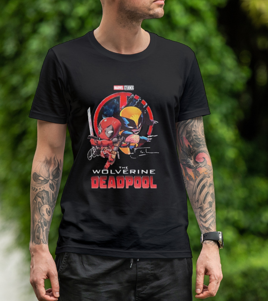 Marvel Studios Baby Deadpool And Wolverine Hugh Jackman And Ryan Reynolds Signatures T-Shirt