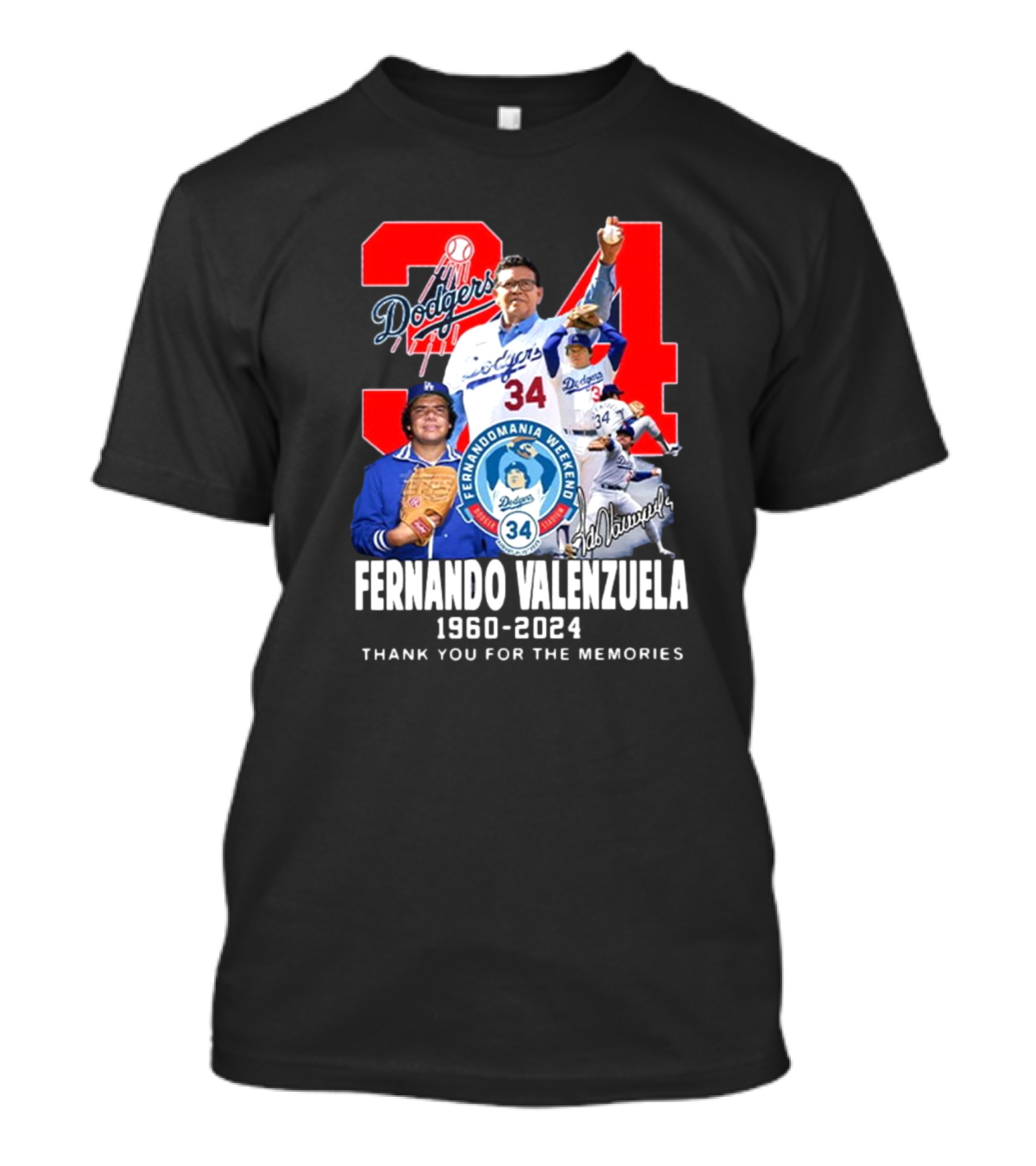 Fernando Valenzuela Dodgers 34 Fernandomania Weekend 1960-2024 Thank You For The Memories Signature T-Shirt