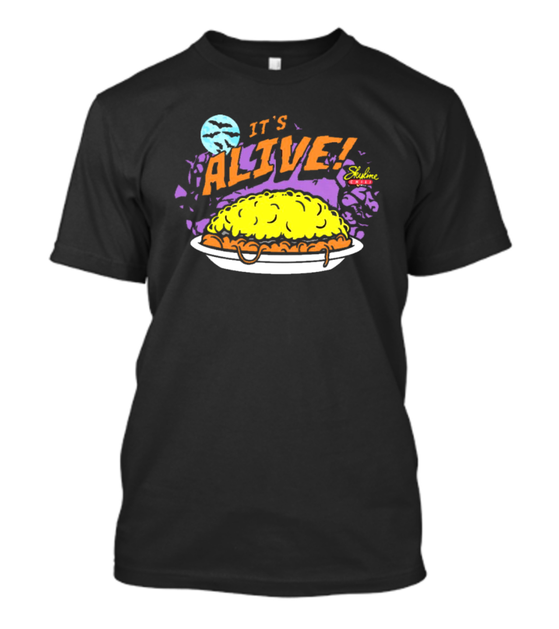It's Alive Skyline Chili Halloween 3-Way Moon Bats Purple Sky T-Shirt
