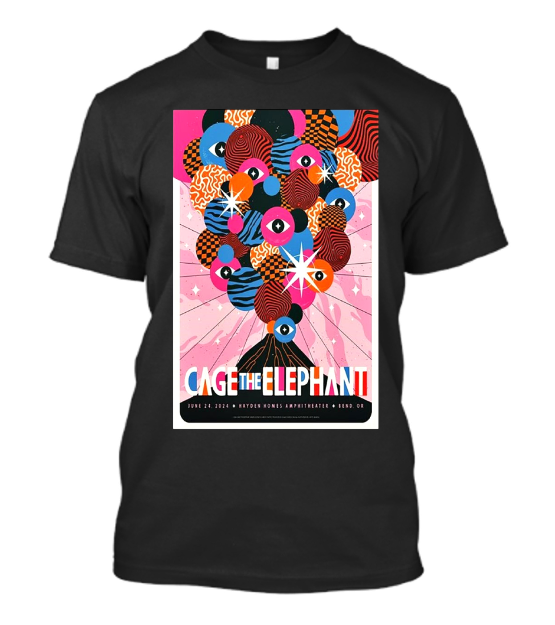 Cage The Elephant June 24 2024 Hayden Homes Amphitheater Bend OR Psychedelic Eyes And Stars Explosion T-Shirt
