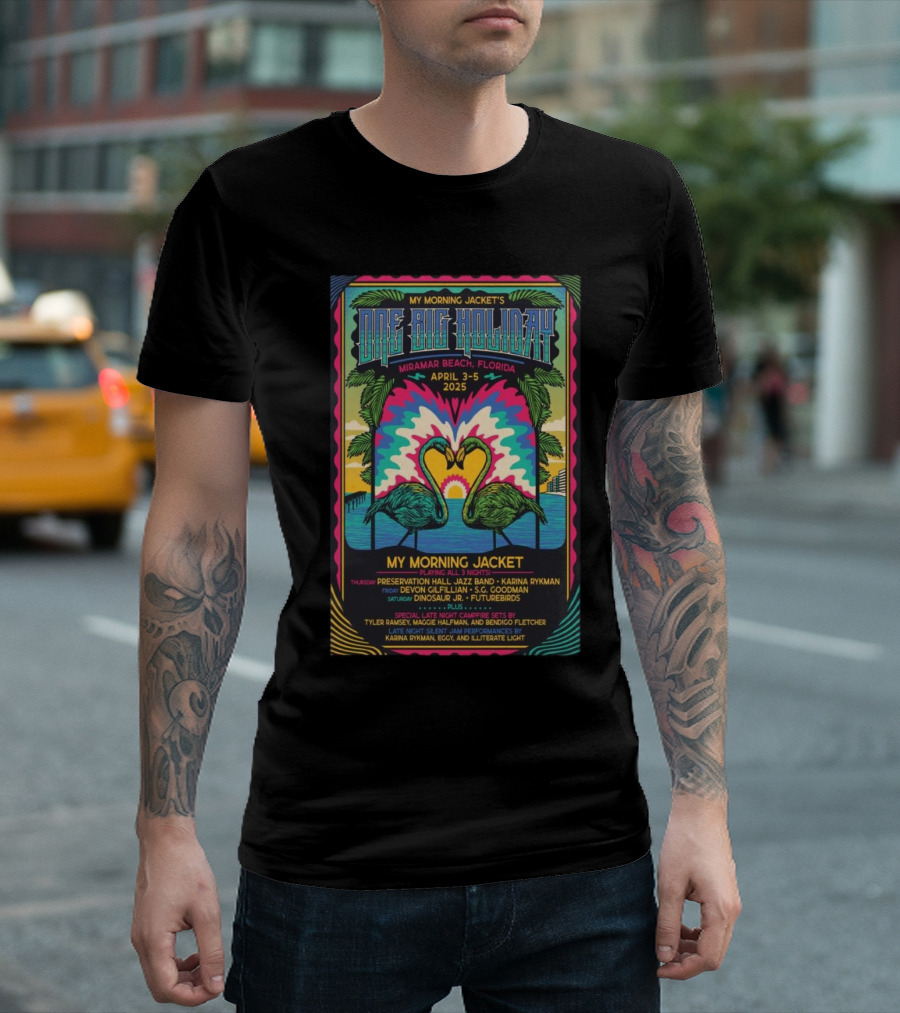 My Morning Jacket One Big Holiday 2025 Miramar Beach April 3-5 Flamingo Palm Trees Retro Sunburst T-Shirt