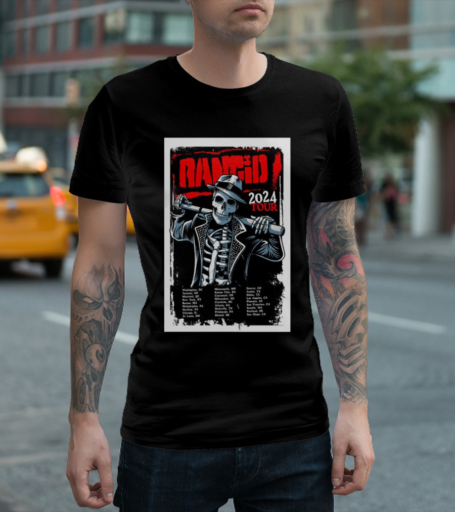 Rancid 2024 Tour Skeleton Illustration with Cities List T-Shirt