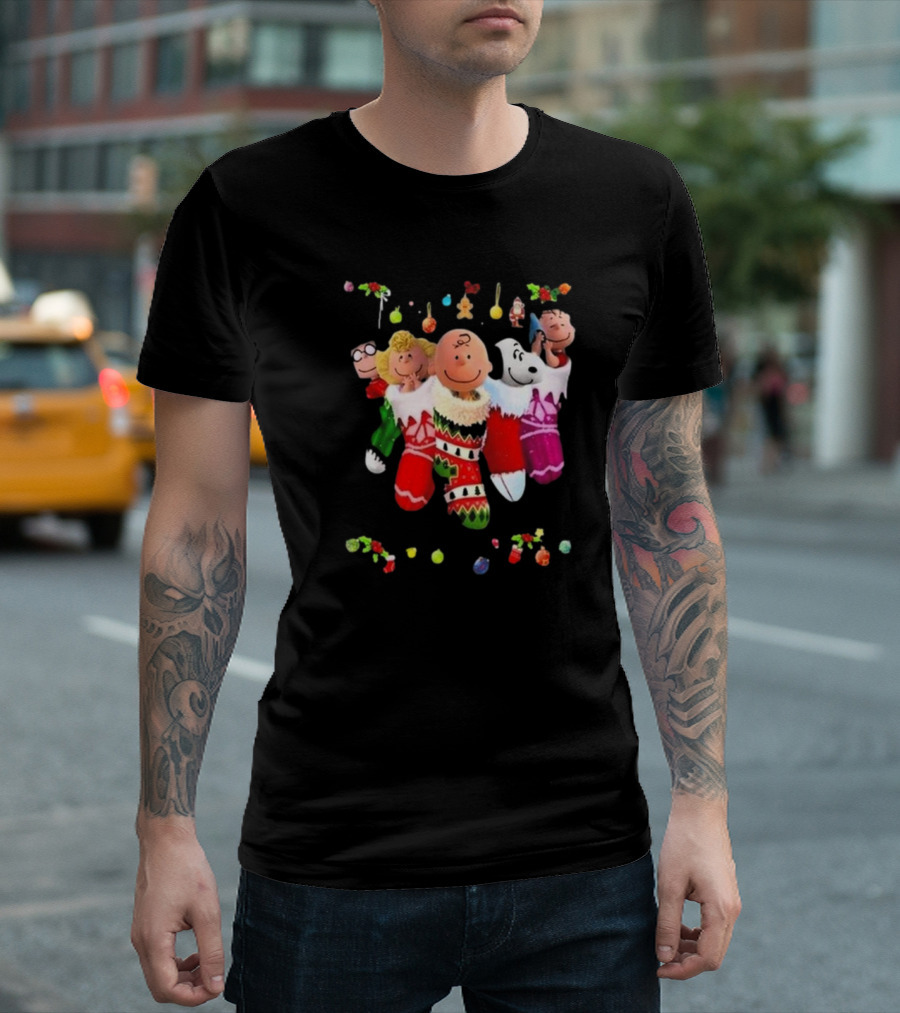 Peanuts Snoopy Charlie Brown Christmas Stockings Santa Claus Friends Holiday Cheer T-Shirt