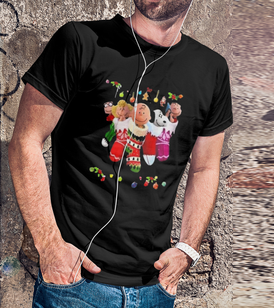 Peanuts Snoopy Charlie Brown Christmas Stockings Santa Claus Friends Holiday Cheer T-Shirt