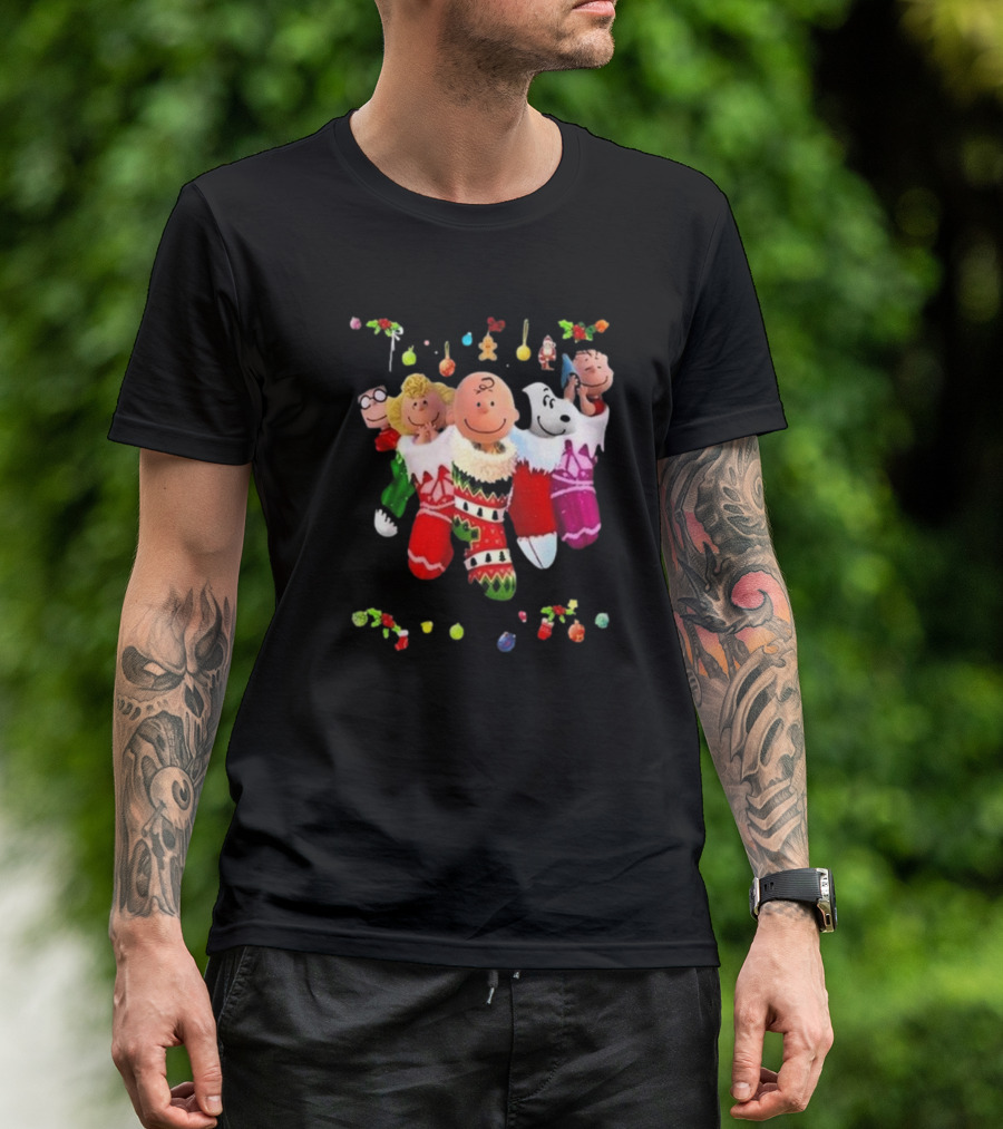 Peanuts Snoopy Charlie Brown Christmas Stockings Santa Claus Friends Holiday Cheer T-Shirt