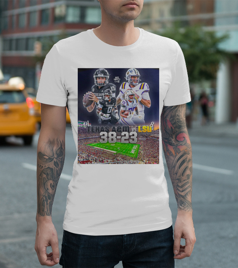 Texas A&M Aggies vs LSU Tigers 38-23 Victory Highlights Player Performances and Field Scene T-Shirt