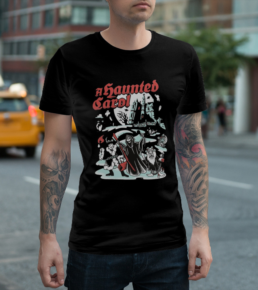 A Haunted Carol Ghostly Christmas Adventure with Skeletons and Snowy Graveyard T-Shirt
