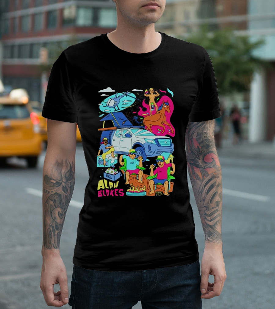 Alpha Blokes Podcast Cartoon Adventure Helicopter Beer Camping Fire T-Shirt