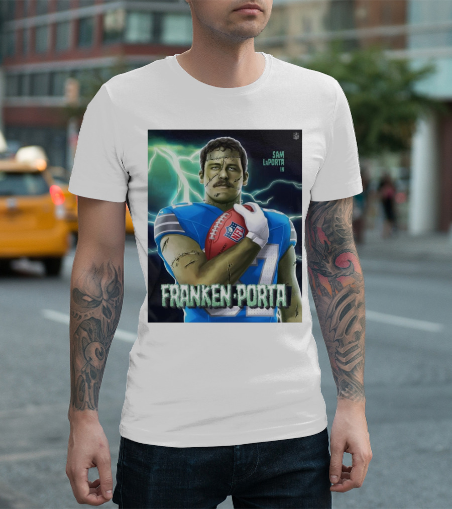 Sam LaPorta in Franken Porta NFL Tight End Monsters T-Shirt