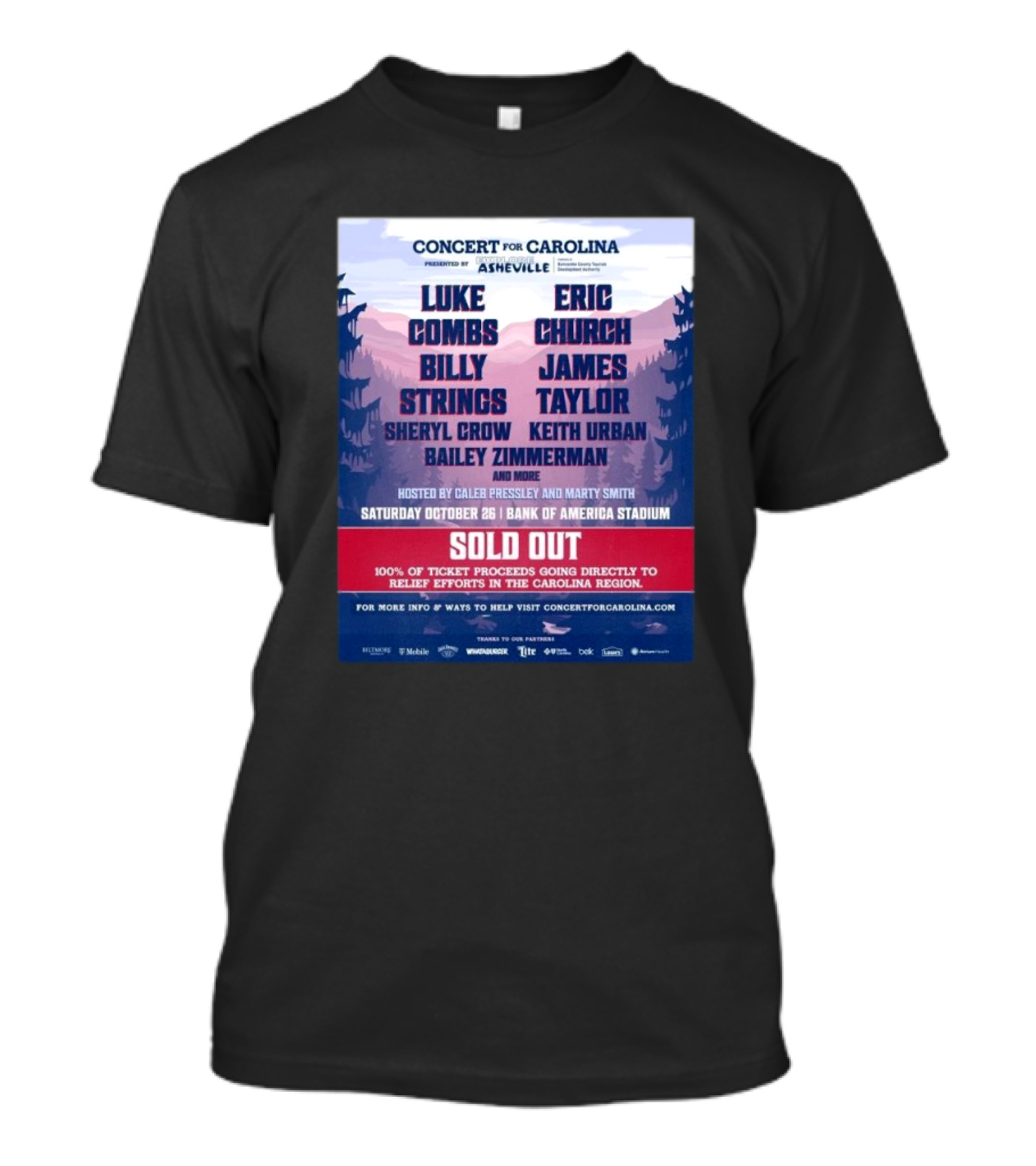Concert For Carolina Bank Of America Stadium October 26 2024 Featuring Luke Combs Eric Church Billy Strings James Taylor Sheryl Crow Keith Urban Bailey Zimmerman T-Shirt