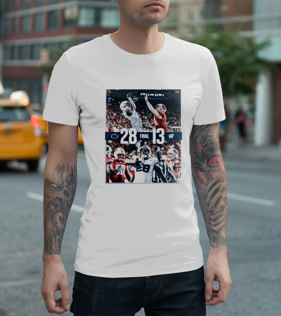 Final Penn State Nittany Lions 28 – 13 Wisconsin Badgers Victory with Game Action Photography T-Shirt