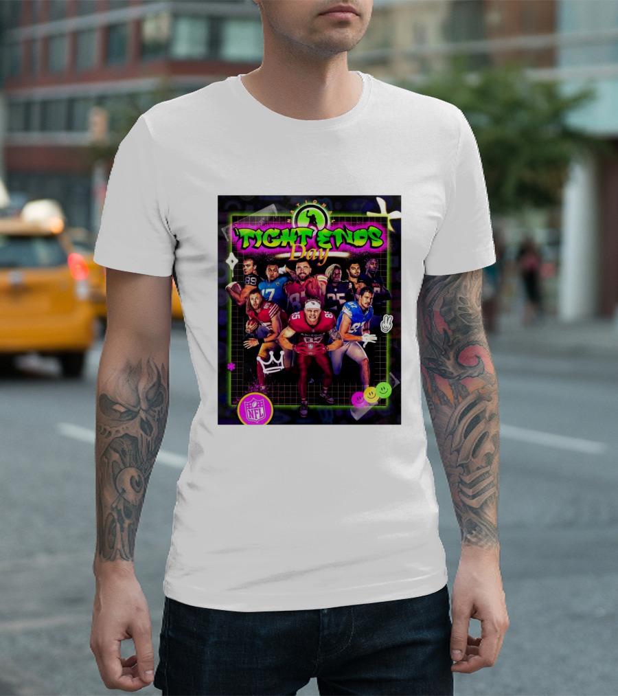 Happy National Tight Ends Day NFL Celebration With Players And Neon Graphics T-Shirt