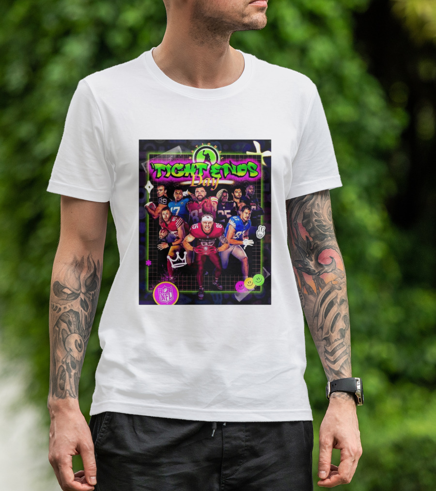 Happy National Tight Ends Day NFL Celebration With Players And Neon Graphics T-Shirt