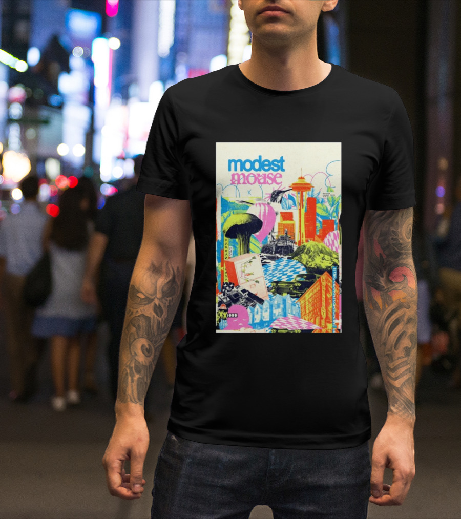Modest Mouse October 30 2024 Paramount Theatre Seattle WA Colorful Cityscape With Space Needle T-Shirt